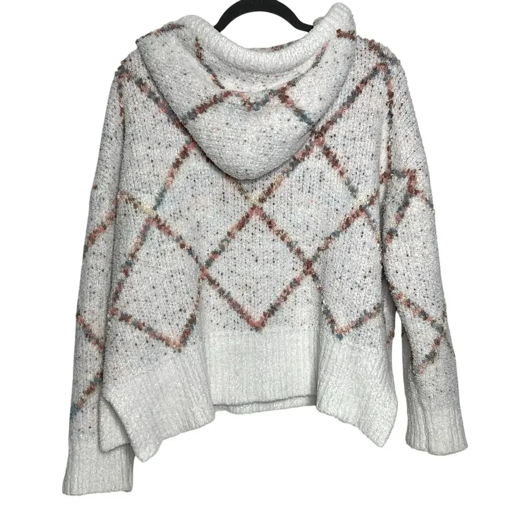 POL Knit Hoodie Sweater Size Small V-Neck Pullover Diamond Pattern